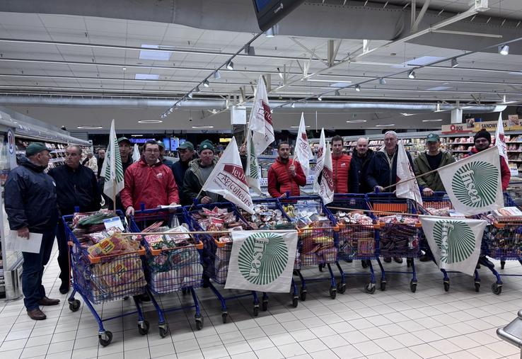 À la fin de l'action, les produits regroupés ont été amenés à l'entrée du magasin. Il y avait une dizaine de caddies.