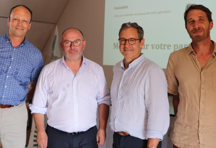 À l'occasion de son assemblée générale, jeudi 25 juin, la FDSEA du Calvados a convié Laurent Duplomb - ici entouré de Xavier Hay, président, Geoffroy De Lesquen, vice-président et Guillaume Férey, secrétaire général - pour parler de productivité et compétitivité.